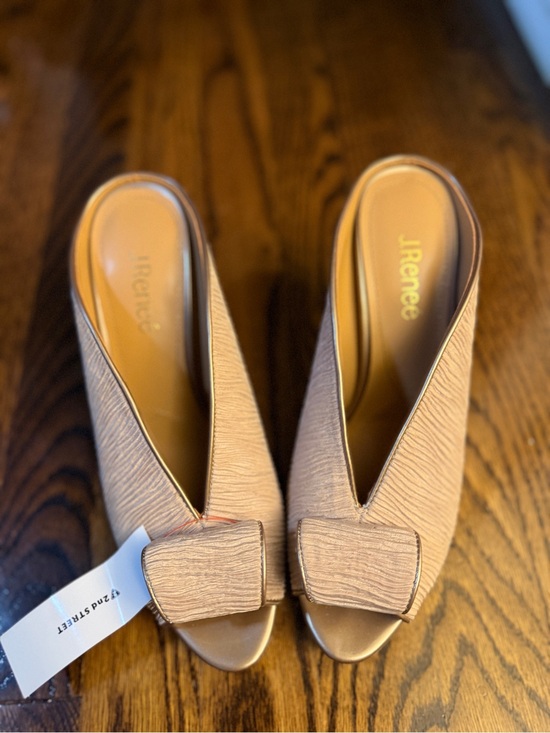J.Renee Shoes - J.Renee Beige Textured Open-Toe Mule Heels with Bow Accent 9.5 W. Comfortable!